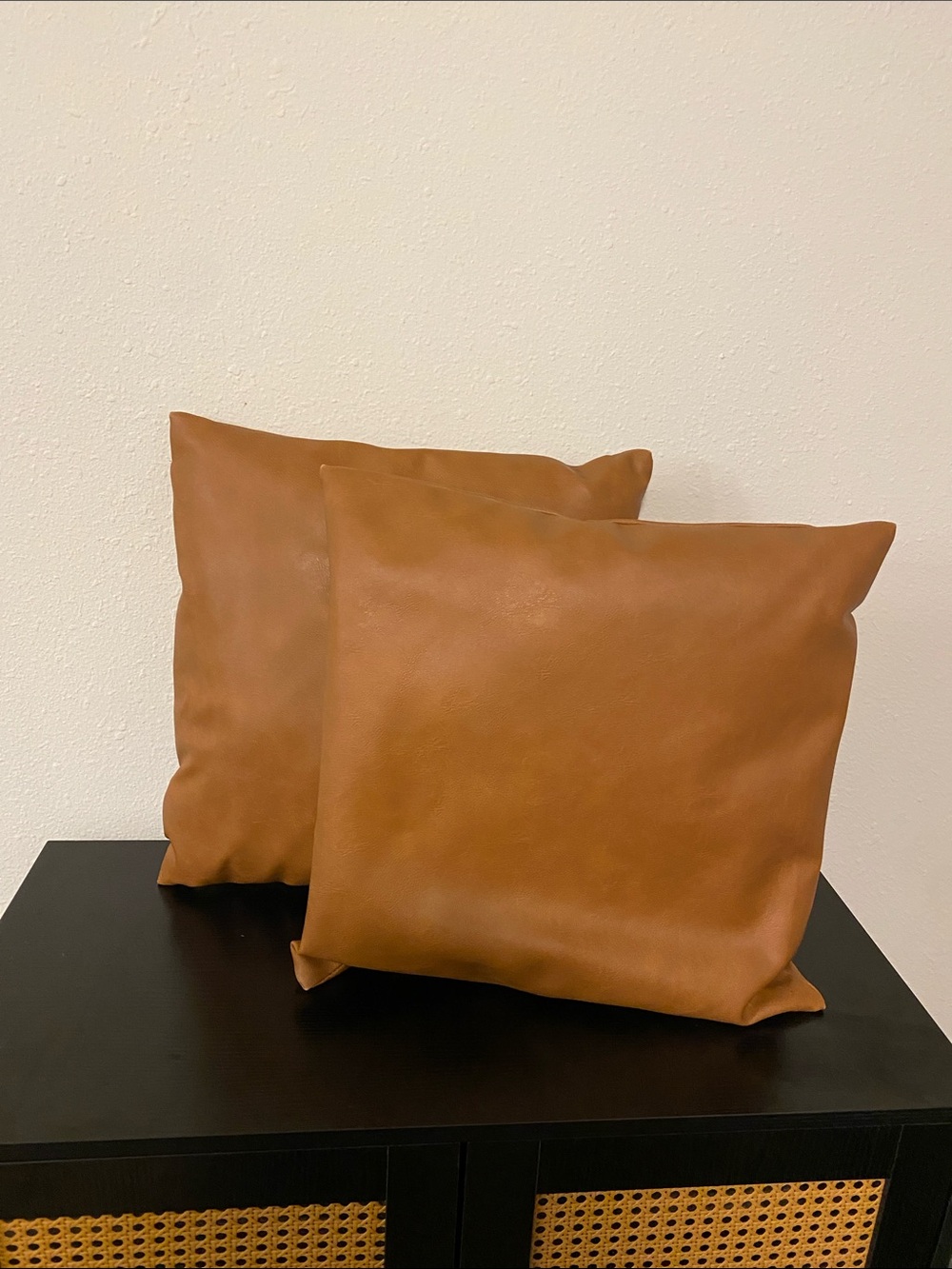 Pair of Cognac Brown Faux Leather Throw Pillows